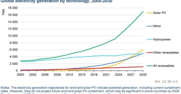 By 2030, global renewable electricity generation is expected to grow 90%, reaching over 17,000 TWh, enough to meet China and US demand.